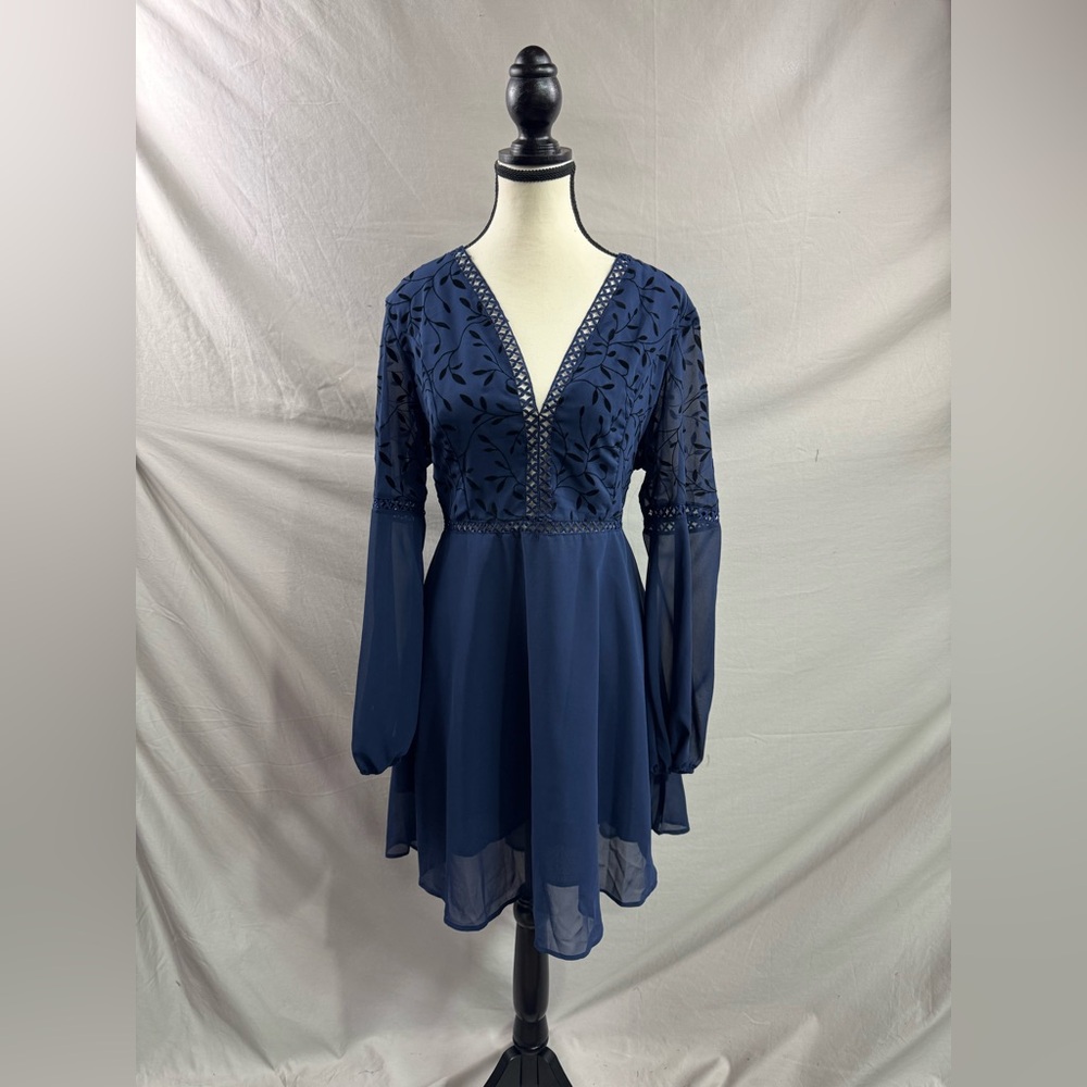 Guipure Lace Insert Lantern Sleeve Chiffon Dress Blue - Picture 10 of 12